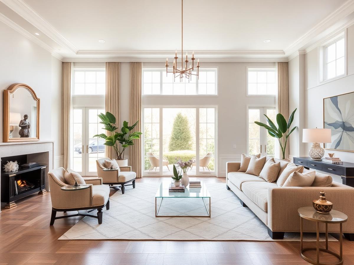 Bright staged living room prepared for a luxury listing photoshoot